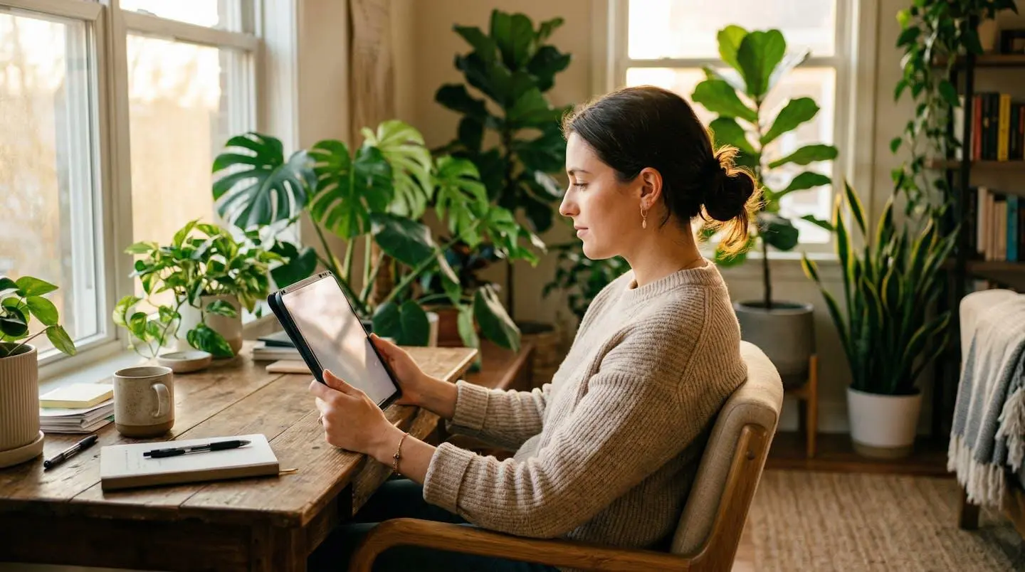 Une personne de profil consulte une tablette dans un espace de travail moderne avec des plantes vertes en arrière-plan