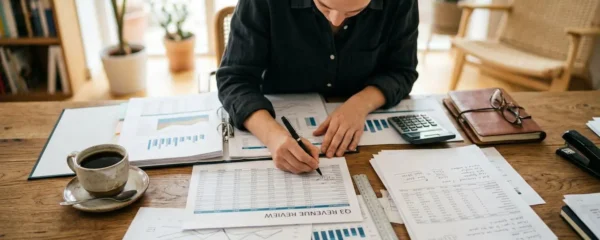 Une personne vue de dos consulte des documents comptables à son bureau, dans un espace de travail lumineux avec une tasse de café à proximité