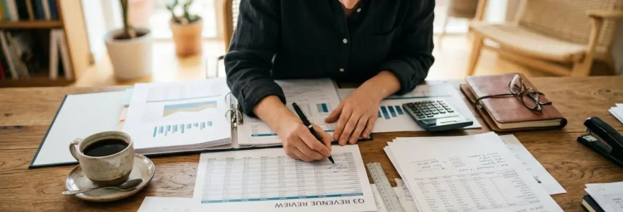 Une personne vue de dos consulte des documents comptables à son bureau, dans un espace de travail lumineux avec une tasse de café à proximité