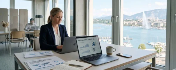 Bureau moderne d'entreprise à Genève avec vue sur le lac Léman, espaces de travail contemporains et documents d'expansion internationale