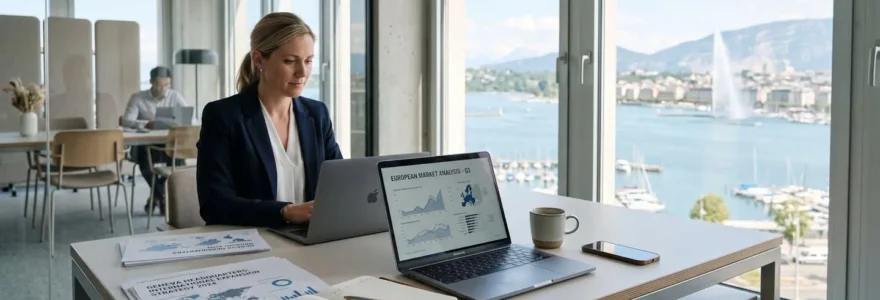 Bureau moderne d'entreprise à Genève avec vue sur le lac Léman, espaces de travail contemporains et documents d'expansion internationale