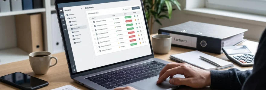 Documents comptables classés et espace de travail collaboratif consultés pour préparer les échanges avec un cabinet
